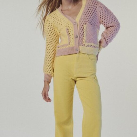 ZARA WOMEN CHUNKY KNIT YELLOW PINK RHINESTONE BUTTON CARDIGAN SWEATER SZ MED - Picture 10 of 11